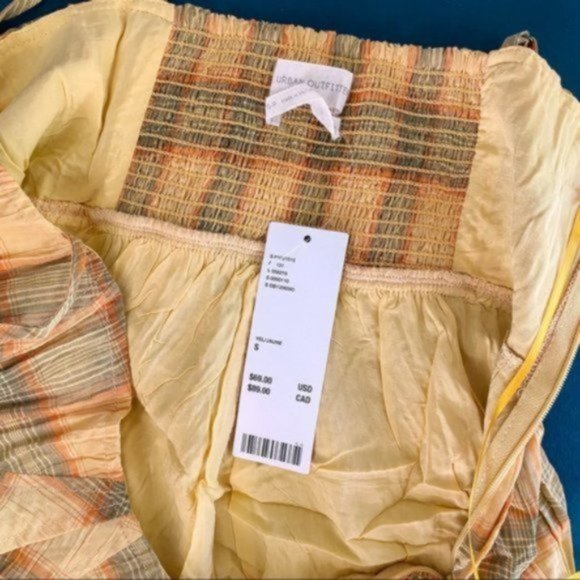 Urban Outfitters | Lorelei Crinkle Cotton Romper Plaid Yellow Orange Green Small - Picture 15 of 16